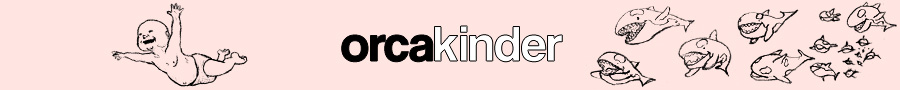 The original Orcakinder site banner: ink doodles of orcas and a falling baby on pink.